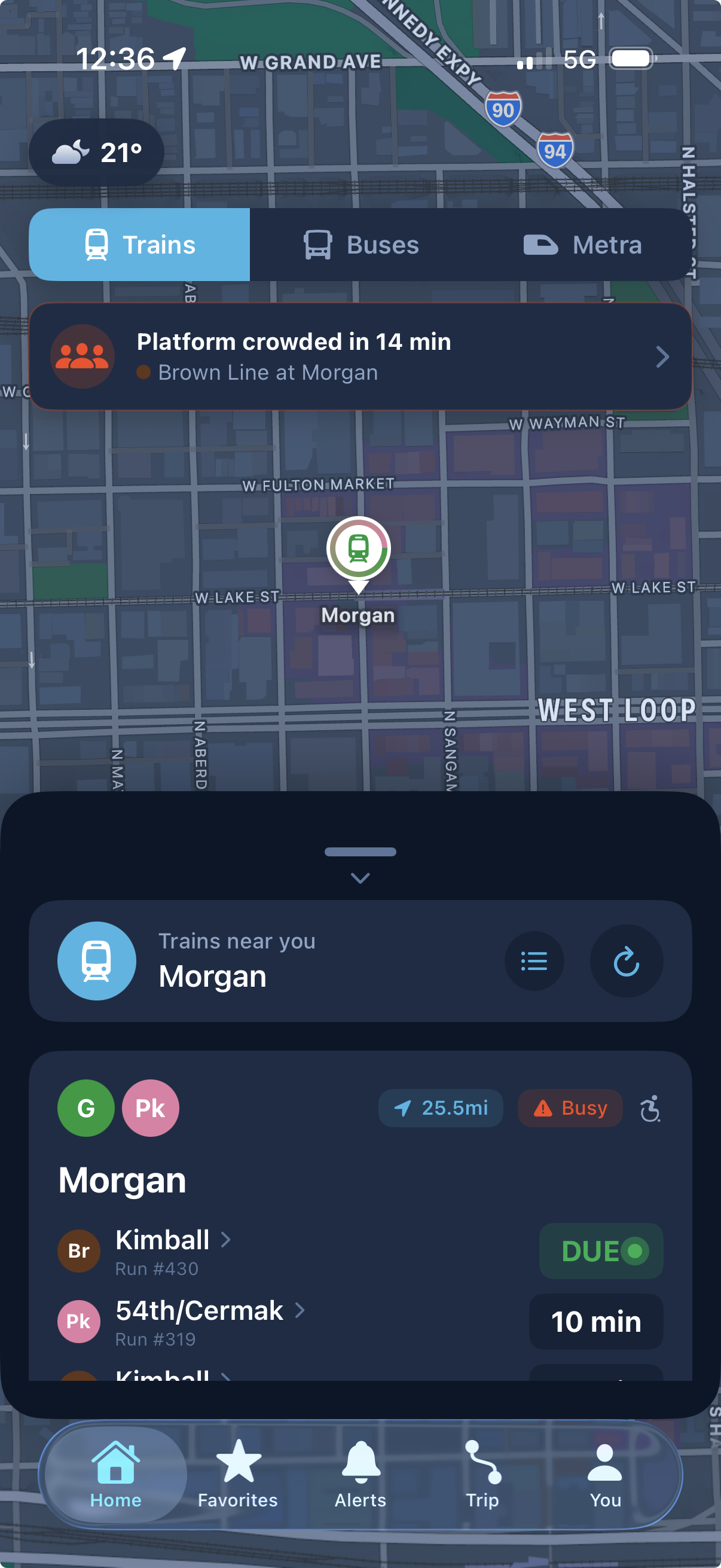 Arrive Chicago App Screen Showing Real-Time Transit Tracking